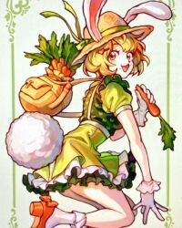 Rule 34 | 1girl, :3, animal ears, aokamei, bag, blonde hair, carrot (one piece), commentary, dress, english commentary, food, gloves, green dress, hair ornament, hairpin, hat, highres, holding, holding food, jumping, looking at viewer, one piece, open mouth, orange footwear, profile, rabbit ears, rabbit girl, rabbit tail, short hair, shoulder bag, socks, solo, tail, white gloves, white socks