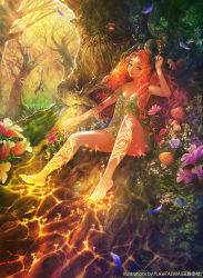 Rule 34 | 1boy, 4girls, animal, arm up, armpits, artist name, bare legs, barefoot, breasts, camisole, cape, colorful, convenient leg, crack, curly hair, eyelashes, facial mark, fantasy, feathers, flower, forehead mark, forest, glowing, green eyes, highres, holding, holding sword, holding weapon, knight, light particles, light rays, lips, long hair, looking at viewer, monster, multiple girls, mushroom, nature, orange hair, original, outdoors, plant, red hair, shield, silhouette, sitting, small breasts, smile, squirrel, sunbeam, sunlight, sword, tajima yukie, tattoo, tree, upside-down, watermark, weapon, wearing plant