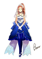 Rule 34 | 1girl, ankle flower, aonagi (a-lot-of), asymmetrical hair, belt, black thighhighs, blue bow, blue skirt, bow, brown hair, bustier, character name, collarbone, eleanor hume, flower, full body, gloves, green eyes, hair flower, hair ornament, head wreath, high heels, high ponytail, long hair, looking at viewer, medium skirt, own hands together, pumps, side ponytail, simple background, skirt, sleeveless, smile, solo, standing, tales of (series), tales of berseria, thighhighs, white background, white flower, white footwear, white gloves