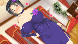 Rule 34 | 1girl, bare shoulders, black hair, blush, breasts, bridal gauntlets, choker, cleavage, curtains, dress, dutch angle, elbow gloves, embarrassed, female focus, flower, gloves, hair flower, hair ornament, hand up, happy, heart, highres, hip focus, huge breasts, indoors, legs, looking at viewer, makarou, nose blush, plant, purple dress, purple eyes, purple flower, purple rose, rose, shirafuji kyouko, short hair, smile, solo, standing, strapless, strapless dress, thighs, working!!