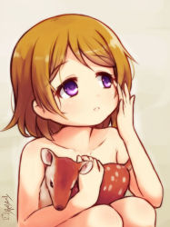 Rule 34 | 10s, 1girl, animal, animal on lap, brown hair, completely nude, deer, grey background, koizumi hanayo, langbazi, love live!, love live! school idol project, nude, on lap, parted lips, purple eyes, rubbing eyes, short hair, signature, simple background, solo