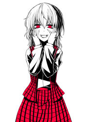 Rule 34 | 1girl, ascot, crazy smile, female focus, hands on own face, hane (hanegoya), kazami yuuka, looking at viewer, plaid, plaid skirt, plaid vest, red eyes, short hair, simple background, skirt, skirt set, smile, solo, touhou, vest, white background