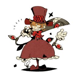 Rule 34 | 1girl, boots, border, bow, bowtie, closed eyes, commentary request, dress, full body, gloves, grin, gun, gunblade, hand up, hat, holding, holding gun, holding weapon, orange hair, peacock (skullgirls), red bow, red bowtie, red dress, red footwear, red hat, sharp teeth, short hair, simple background, skullgirls, smile, solo, teeth, top hat, transparent border, weapon, white background, white gloves, yamada9000