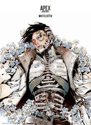 Rule 34 | 1boy, apex legends, black hair, black sclera, blue flower, cable, colored sclera, copyright name, crypto (apex legends), cyborg, flower, grey jacket, jacket, looking at viewer, lying, male focus, official alternate costume, on back, science fiction, sentinel ga koku ni aru, solo, watermark, web address, white background, whitelisted crypto, yellow eyes