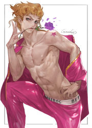 Rule 34 | 1boy, absurdres, bare pectorals, blonde hair, blue eyes, braid, flower, flower in mouth, giorno giovanna, grandia lee, highres, jacket, jojo no kimyou na bouken, looking at viewer, male focus, mouth hold, off shoulder, open clothes, pants, pectorals, pink jacket, pink pants, purple flower, purple rose, rose, toned, toned male, undressing, vento aureo