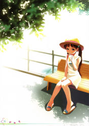 Rule 34 | 1girl, bench, brown hair, dappled sunlight, day, dress, drink, drinking, drinking straw, fence, hair bobbles, hair ornament, hat, highres, knees together feet apart, koutaro, long hair, outdoors, sandals, shadow, sitting, sleeveless, sleeveless dress, solo, sundress, sunlight, tree, twintails, white dress
