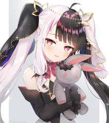 Rule 34 | 1girl, ahoge, bad id, bad pixiv id, bare shoulders, black hair, black shirt, black sleeves, bow, commentary request, detached sleeves, gradient background, grey background, hair ornament, hugging object, long sleeves, multicolored hair, nijisanji, parted lips, pink hair, red bow, red eyes, shirt, sidelocks, silver hair, sleeveless, sleeveless shirt, smile, solo, split-color hair, streaked hair, stuffed animal, stuffed rabbit, stuffed toy, toufu mentaru zabuton, twintails, two-tone hair, upper body, veil, virtual youtuber, white background, wing hair ornament, yorumi rena, yorumi rena (4th costume)