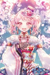 Rule 34 | 1girl, :d, bang dream!, black gloves, black nails, blush, bow, bracelet, braid, camellia, camellia print, cherry blossoms, chin strap, earrings, floral print, flower, flower knot, gem, gloves, hair bow, hair flower, hair ornament, hand on own chest, hat, highres, japanese clothes, jewelry, lace, long sleeves, looking at viewer, maruyama aya, mini hat, nail polish, obi, open mouth, pearl (gemstone), pearl bracelet, pink eyes, pink flower, pink hair, red flower, red ribbon, ribbon, sash, smile, solo, sparkle, striped bow, striped ribbon, tassel, tassel earrings, ttori, twintails, wide sleeves