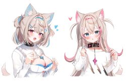 Rule 34 | 2girls, absurdres, animal ear fluff, animal ears, bandaid, bandaid hair ornament, black collar, blonde hair, blue eyes, blue hair, blue nails, blush, breasts, cleavage, cleavage cutout, clothing cutout, collar, dog ears, dog girl, dog tail, dress, fuwamoco, fuwawa abyssgard, fuwawa abyssgard (1st costume), hair length switch, hair ornament, hairpin, heart, highres, hololive, hololive english, large breasts, long hair, looking at viewer, maru ccy, medium hair, mococo abyssgard, mococo abyssgard (1st costume), multiple girls, nail polish, open mouth, pink eyes, pink hair, pink nails, shirt, siblings, sidelocks, sisters, smile, spiked collar, spikes, tail, twins, two side up, virtual youtuber, white dress, white shirt, x hair ornament