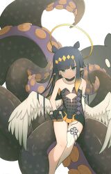 Rule 34 | 1girl, absurdres, ao-chan (ninomae ina&#039;nis), black dress, black eyes, black gloves, black hair, collar, detached collar, detached sleeves, dress, frognotforg030, gloves, halo, highres, hololive, hololive english, long hair, looking at viewer, low wings, ninomae ina&#039;nis, ninomae ina&#039;nis (1st costume), pointy ears, single detached sleeve, single thighhigh, smile, solo, strapless, strapless dress, tentacle hair, tentacles, thighhighs, tube dress, very long hair, virtual youtuber, white collar, white sleeves, white thighhighs, wings, yellow halo