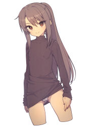 Rule 34 | 1girl, black sweater, breasts, brown eyes, brown hair, cameltoe, closed mouth, commentary, cropped legs, dot nose, everyntrge, gluteal fold, hair between eyes, light blush, long hair, long sleeves, looking at viewer, no pants, original, paid reward available, panties, pantyshot, ponytail, sidelocks, simple background, small breasts, smile, solo, sweater, turtleneck, turtleneck sweater, underwear, white background, white panties