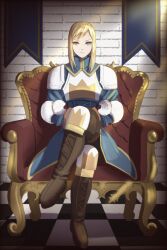 Rule 34 | 1girl, agrias oaks, armor, blonde hair, boots, chair, checkered floor, crossed legs, final fantasy, final fantasy tactics, highres, looking at viewer, seat, solo, soosupaan, yellow eyes