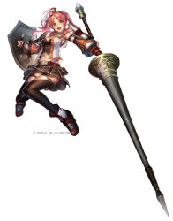 Rule 34 | 1girl, :d, black thighhighs, blue eyes, blurry, boots, breasts, depth of field, full body, highres, holding, holding weapon, knees together feet apart, lance, liduke, looking at viewer, medium breasts, armored boots, miniskirt, monster hunter (series), navel, official art, open mouth, pink hair, polearm, shield, simple background, skirt, smile, solo, thighhighs, twintails, vest, weapon, white background
