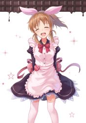 Rule 34 | 10s, 1girl, abe nana, alternate costume, apron, bow, box, brown hair, chocolate, closed eyes, enmaided, hair ribbon, heart-shaped box, holding, holding behind back, idolmaster, idolmaster cinderella girls, juliet sleeves, long sleeves, maid, maid apron, open mouth, oukatihiro, ponytail, puffy sleeves, ribbon, smile, solo, thighhighs, valentine, white thighhighs, zettai ryouiki