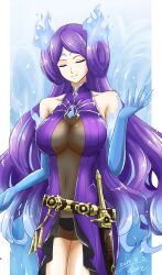 Rule 34 | 1girl, blue background, blue fire, blue gloves, breasts, brighid (xenoblade), closed eyes, closed mouth, covered navel, dagger, dated, dress, elbow gloves, facing viewer, fire, gloves, highres, hisin, knife, large breasts, long hair, purple dress, purple hair, sheath, sheathed, signature, smile, solo, two-tone background, very long hair, weapon, white background, xenoblade chronicles (series), xenoblade chronicles 2