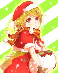 Rule 34 | 10s, 1girl, bow, brown hair, gift, hat, koizumi hanayo, looking at viewer, love live!, love live! school idol project, oda (101511a), purple eyes, santa costume, santa hat, scarf, smile, solo, striped, striped background