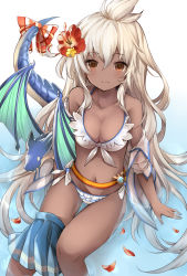 Rule 34 | 10s, 1girl, absurdres, ahoge, alternate costume, arm support, bare arms, bare shoulders, bikini, breasts, cleavage, clothes down, dark-skinned female, dark skin, dragon, flower, frilled bikini, frills, from above, granblue fantasy, hair between eyes, hair flower, hair ornament, hibiscus, highres, long hair, looking at viewer, medium breasts, midriff, navel, red eyes, ribbon, ripples, shiodome oji, sitting, skirt, skirt around one leg, smile, solo, stomach, swimsuit, tail, tail ornament, tail ribbon, thigh gap, thighs, water, white bikini, white hair, zooey (granblue fantasy), zooey (summer) (granblue fantasy)