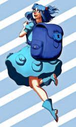 Rule 34 | 1girl, backpack, bag, blue eyes, blue hair, blue skirt, diagonal stripes, from behind, full body, highres, kawashiro nitori, lock, looking at viewer, looking back, moonywitcher, open mouth, pocket, shoes, short hair, simple background, skirt, solo, striped, touhou