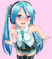 Rule 34 | 00s, 1girl, absurdres, aqua eyes, aqua hair, bespectacled, blush, glasses, hatsune miku, headphones, highres, kazu-chan, long hair, looking at viewer, matching hair/eyes, nail polish, necktie, open mouth, panties, pleated skirt, simple background, skirt, solo, standing, striped clothes, striped panties, thighhighs, twintails, underwear, very long hair, vocaloid