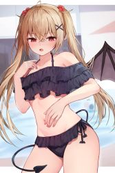 Rule 34 | 1girl, absurdres, ahoge, bare shoulders, bikini, black bikini, blurry, blurry background, blush, breasts, brown hair, brown wings, cleavage, collarbone, commentary request, demon girl, demon tail, demon wings, depth of field, fang, frilled bikini, frills, groin, hair between eyes, hair bobbles, hair ornament, hairclip, hand up, highres, long hair, navel, nose blush, off-shoulder bikini, off shoulder, open mouth, original, racchi., red eyes, sidelocks, small breasts, solo, swimsuit, tail, twintails, very long hair, weight conscious, wings, x hair ornament