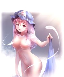 Rule 34 | 1girl, bad id, bad nicoseiga id, blue hat, blush, breasts, collarbone, convenient censoring, cowboy shot, floating, ghost, ghost tail, gradient background, groin, hat, hitodama, holding, leaning forward, long hair, looking at viewer, medium breasts, minust, mob cap, navel, nude, open mouth, pink eyes, pink hair, saigyouji yuyuko, see-through, solo, standing, stomach, tareme, touhou, triangular headpiece, veil