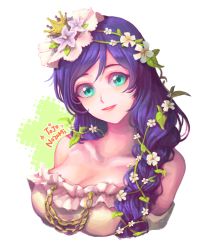 Rule 34 | 10s, 1girl, aqua eyes, braid, breasts, chain, character name, cleavage, collarbone, crown, dress, flower, hair flower, hair ornament, hair over shoulder, halftone, large breasts, love live!, love live! school idol festival, love live! school idol project, mini crown, mu kougai, plant, purple hair, red lips, solo, strapless, strapless dress, tojo nozomi, upper body, vines