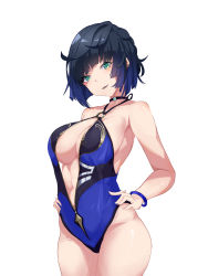 Rule 34 | 1girl, absurdres, bare arms, bare shoulders, bikini, black hair, blunt bangs, bob cut, bracelet, breasts, choker, cleavage, commentary request, cowboy shot, diagonal bangs, genshin impact, green eyes, hands on own hips, highres, jewelry, large breasts, looking at viewer, multicolored hair, navel, o-ring, o-ring bikini, one-piece swimsuit, parted lips, shadow, short hair, simple background, solo, streaked hair, swimsuit, thighs, two-tone hair, white background, yelan (genshin impact), zhileng zhil, ||/