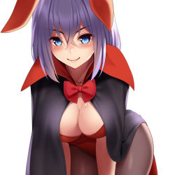 Rule 34 | 1girl, all fours, black cape, black pantyhose, blue eyes, bow, bowtie, breasts, cape, cleavage, closed mouth, collarbone, hair between eyes, huyumitsu, leotard, long hair, looking at viewer, medium breasts, original, pantyhose, purple hair, red bow, red bowtie, red leotard, simple background, smile, solo, straight hair, white background