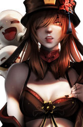 Rule 34 | 1girl, :d, :p, absurdres, alternate costume, black bra, black nails, bra, breasts, brown hair, cleavage, detached collar, flower, genshin impact, ghost, hair over one eye, hat, hat flower, hat ornament, highres, hu tao (genshin impact), jewelry, long hair, looking at viewer, mole, mole on breast, nail polish, off-shoulder shirt, off shoulder, open mouth, pale skin, pinky out, realistic, red eyes, renzartworks, ring, shirt, sidelocks, simple background, smile, symbol-shaped pupils, tongue, tongue out, twintails, underwear, upper body, white background