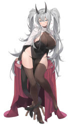 Rule 34 | 1girl, absurdres, black footwear, black thighhighs, blue eyes, blush, breasts, choker, cleavage, closed mouth, feet out of frame, gogoco, grey hair, hair between eyes, heart, high heels, highres, horns, huge breasts, leaning forward, long hair, looking at viewer, original, pelvic curtain, sidelocks, simple background, skindentation, smile, solo, standing, tail, thighhighs, thighs, twintails, very long hair, white background