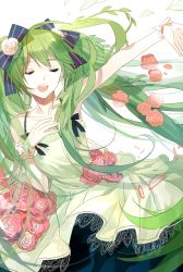 Rule 34 | 1girl, arm up, bad id, bad pixiv id, dress, closed eyes, flower, green hair, hair ribbon, hand on own chest, hatsune miku, long hair, open mouth, outstretched arm, ribbon, solo, tang elen, very long hair, vocaloid