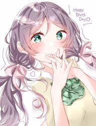 Rule 34 | 1girl, aqua eyes, artist name, artist request, blush, bow, bowtie, breasts, collared shirt, female focus, fingers together, green bow, green bowtie, green eyes, hair ornament, hair scrunchie, highres, long hair, long twintails, looking at viewer, love live!, love live! school idol project, low twintails, nail, nail polish, otonokizaka school uniform, own hands together, parted lips, pink nails, purple hair, ritsuuu18, school uniform, scrunchie, shirt, short sleeves, smile, solo, striped bow, striped bowtie, striped clothes, sweater, sweater vest, tojo nozomi, twintails, upper body, vest, white background, white shirt, yellow vest