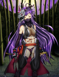Rule 34 | 1girl, akakimono, bamboo, bamboo forest, breasts, cleavage, commentary request, covered face, covered mouth, elbow gloves, forest, full moon, gloves, gold trim, grassy, heterochromia, highres, japanese clothes, katana, kimono, kunai, long hair, mask, mask on head, medium breasts, mole, mole under eye, moon, mouth mask, nature, night, ninja, ninja mask, original, panties, purple hair, purple panties, purple sky, red eyes, sengoku taisen, short kimono, sidelocks, sky, solo, standing, sword, underwear, unmoving pattern, very long hair, weapon, yellow eyes