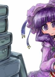 Rule 34 | 1girl, blunt bangs, blush, book, book stack, capelet, eyebrows, female focus, hat, long sleeves, looking at viewer, mob cap, patchouli knowledge, purple eyes, purple hair, simple background, solo, striped, tao, tao (kadoya), touhou, white background