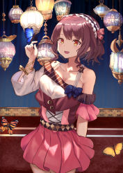 Rule 34 | 1girl, :d, asymmetrical sleeves, bare shoulders, breasts, brown hair, bug, butterfly, cleavage, collarbone, cowboy shot, earrings, hand up, headdress, highres, indoors, bug, jewelry, lamp, looking at viewer, medium breasts, miniskirt, mosta (lo1777789), off shoulder, open mouth, orange eyes, original, pink skirt, shirt, short hair, sidelocks, skirt, smile, solo, standing, uneven sleeves, white shirt