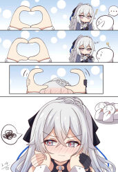 Rule 34 | !, ..., 1girl, 1other, 4koma, ?, afterimage, artist name, black bow, black gloves, blue background, blue ribbon, blush, bow, bronya zaychik, bronya zaychik (silverwing: n-ex), buttons, captain (honkai impact), chibi, chinese text, close-up, comic, confused, d:, dated, embarrassed, gloves, gradient background, grey eyes, grey hair, hair between eyes, hair bow, hand on another&#039;s hand, hand to own mouth, hands on another&#039;s cheeks, hands on another&#039;s face, heart, heart hands, highres, holding, holding paper, honkai (series), honkai impact 3rd, long hair, looking at another, looking to the side, motion lines, open mouth, paper, people, polka dot, polka dot background, pov, pov hands, red pupils, ribbon, scratching head, simple background, single glove, snoot challenge, speech bubble, spoken ellipsis, spoken squiggle, squiggle, surprised, tiara, upper body, waving arm, white background