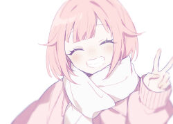 Rule 34 | 1girl, blush, closed eyes, coat, commentary request, long sleeves, ootori emu, pink coat, pink hair, project sekai, qi7pi, scarf, short hair, smile, solo, teeth, v, white background, white scarf, winter clothes