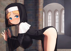 Rule 34 | 1girl, against wall, bent over, blonde hair, blush, bottomless, breasts, brick, brick wall, habit, hanging breasts, huge breasts, indoors, leaning forward, leaning on object, looking back, nun, original, sakimori dan, short hair, smile, thighs, window