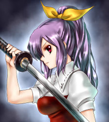 Rule 34 | 1girl, bad id, bad pixiv id, bow, breasts, female focus, gradient background, hair bow, long hair, ponytail, profile, purple hair, red eyes, silent sinner in blue, solo, sword, takemori shintarou, touhou, touhou bougetsushou, upper body, watatsuki no yorihime, weapon