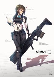 Rule 34 | 1girl, anti-materiel rifle, arm at side, arm belt, arm grab, armor, armored boots, arms note, belt, black gloves, black pants, blue bow, blue bowtie, blush, book, boots, bow, bowtie, breastplate, brown hair, bullpup, buttons, cannon, closed mouth, collared shirt, copyright name, double rifle, dress shirt, exoskeleton, fingerless gloves, fukai ryosuke, full body, gloves, gun, hair between eyes, handgun, holding, holding book, holding gun, holding weapon, holster, huge gun, huge weapon, humming, large weapon, long sleeves, looking at viewer, machine pistol, magnetic weapon, multiple-barrel firearm, musical note, open book, original, over-and-under-barreled rifle, pants, pauldrons, pistol, power suit, purple eyes, quaver, railgun, rifle, shadow, shirt, short hair, shoulder armor, signature, smile, sniper rifle, solo, striped bow, striped bowtie, striped clothes, striped neckwear, submachine gun, suspenders, thigh gap, tile floor, tiles, tosho iinchou (fukai ryousuke), walking, weapon, white shirt