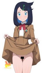 Rule 34 | 1girl, aqua eyes, bar censor, black hair, blush, bow, bowtie, brown jacket, brown skirt, censored, closed mouth, clothes lift, commentary request, cowboy shot, cowlick, creatures (company), eyelashes, game freak, hair ornament, hairclip, highres, jacket, lifting own clothes, liko (pokemon), long sleeves, metaminegl, nintendo, no panties, open clothes, open jacket, pokemon, pokemon (anime), pokemon horizons, red bow, red bowtie, school uniform, shirt, simple background, skirt, skirt lift, smile, solo, spanish commentary, sweatdrop, watermark, white background, white shirt