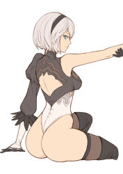 Rule 34 | 1girl, ass, back, bare shoulders, black gloves, black thighhighs, blue eyes, boots, breasts, gloves, grey hair, hairband, leotard, looking at viewer, medium breasts, nier (series), nier:automata, puffy sleeves, short hair, simple background, sitting, solo, thigh boots, thighhighs, thighhighs under boots, tsuki suigetsu, white background, 2b (nier:automata)