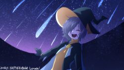 Rule 34 | closed eyes, comet, gloves, green gloves, green hat, grey hair, happy birthday, hat, highres, lemres (puyopuyo), night, night sky, open mouth, puyopuyo, sky, smile, star (sky), starry sky, user dpxw5522, wizard hat