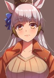 Rule 34 | 1girl, bad id, bad pixiv id, blue bow, bow, breasts, brown background, brown hat, brown sweater, collarbone, commentary request, ear covers, gold ship (umamusume), grey hair, hair bow, hat, highres, jacket, kazetuki, large breasts, long hair, looking at viewer, mini hat, open clothes, open jacket, red eyes, red jacket, ribbed sweater, simple background, solo, sweater, umamusume, upper body