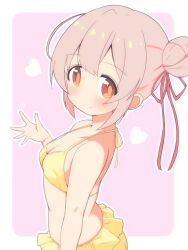 Rule 34 | 1girl, bare arms, bare shoulders, bikini, blush, border, breasts, brown eyes, commentary, genderswap, genderswap (mtf), hair bun, hair ribbon, heart, highres, looking at viewer, onii-chan wa oshimai!, outline, outside border, oyama mahiro, pink background, red ribbon, ribbon, simple background, single side bun, small breasts, smile, solo, swimsuit, unkimo, white border, white outline, yellow bikini