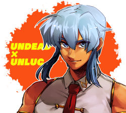 Rule 34 | 1boy, armlet, blue eyes, blue hair, chinese clothes, copyright name, hair between eyes, highres, looking at viewer, male focus, necktie, orange background, red necktie, shen (undead unluck), sidelocks, smile, solo, tontoro (toropig-thunder), undead unluck, upper body