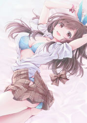 Rule 34 | 1girl, arigato (rmskrtkdlqj), arms up, ass, blue bow, blue bra, blue panties, blue ribbon, bow, bow hairband, bowtie, bra, bracelet, breasts, brown eyes, brown hair, brown skirt, cleavage, commentary request, hair ribbon, hairband, highres, idolmaster, idolmaster shiny colors, jewelry, large breasts, long hair, looking at viewer, lying, miniskirt, on side, open clothes, open mouth, open shirt, panties, plaid, plaid bow, plaid bowtie, plaid neckwear, plaid skirt, pleated skirt, ribbon, school uniform, shirt, short sleeves, skirt, solo, swept bangs, thighs, tsukioka kogane, underwear, white background, white shirt