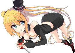 Rule 34 | 1girl, :&lt;, :o, beniyosweet009, bent over, black skirt, blonde hair, blue eyes, blush, boots, breasts, cleavage, cross-laced footwear, detached sleeves, dutch angle, hat, knee boots, looking at viewer, microphone, mini hat, mini top hat, open mouth, original, perspective, shoelaces, simple background, skirt, solo, standing, top hat, twintails, white background