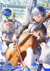 Rule 34 | 1boy, bird, birthday cake, black jacket, blue bow, blue bowtie, blue eyes, blue flower, blue hair, blue nails, blurry, blurry foreground, bottle, bow, bow (music), bowtie, cake, cello, commentary, crypton future media, daidou (demitasse), day, falling petals, flower, food, formal, highres, instrument, jacket, kaito (vocaloid), looking to the side, male focus, miku symphony (vocaloid), music, nail polish, official art, open mouth, parfait, petals, playing instrument, shirt, sitting, smile, solo, suit, suit jacket, table, vase, vocaloid, white bird, white shirt, window, wine bottle
