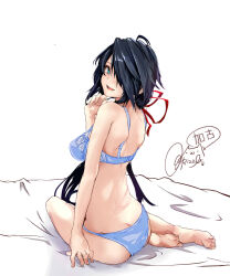 Rule 34 | 1girl, ass, barefoot, black hair, blue bra, blue eyes, blush, bra, breasts, butt crack, character name, hair over one eye, hair ribbon, highres, kako (kancolle), kantai collection, long hair, looking at viewer, looking back, medium breasts, open mouth, panties, red ribbon, ribbon, rizzl, signature, simple background, sitting, soles, solo, toes, underwear, underwear only